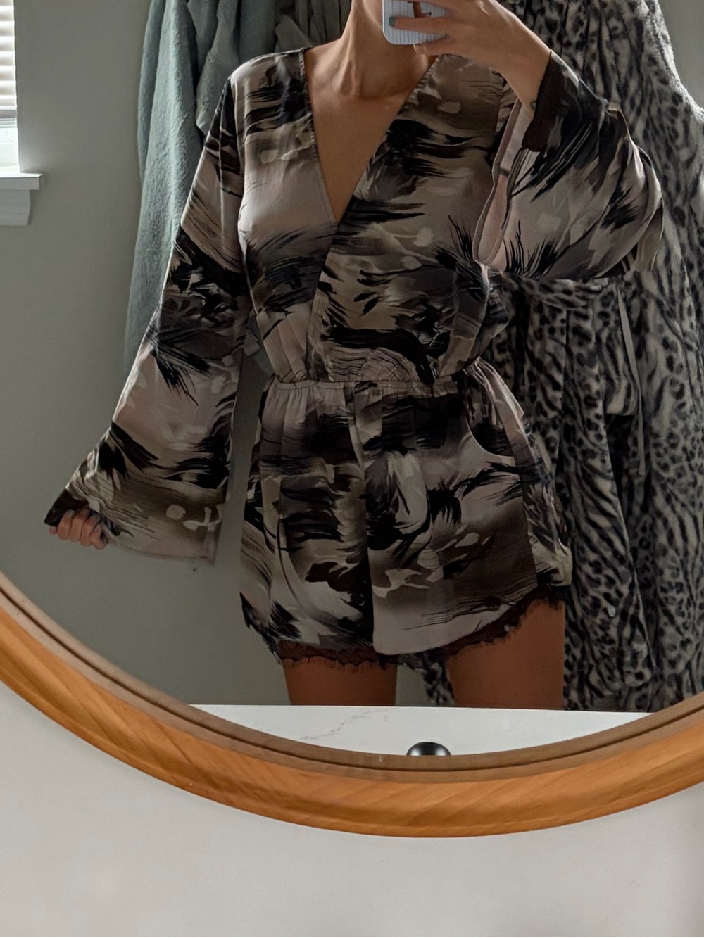 Printed Satin Wrap Romper Robe in Taupe & Black